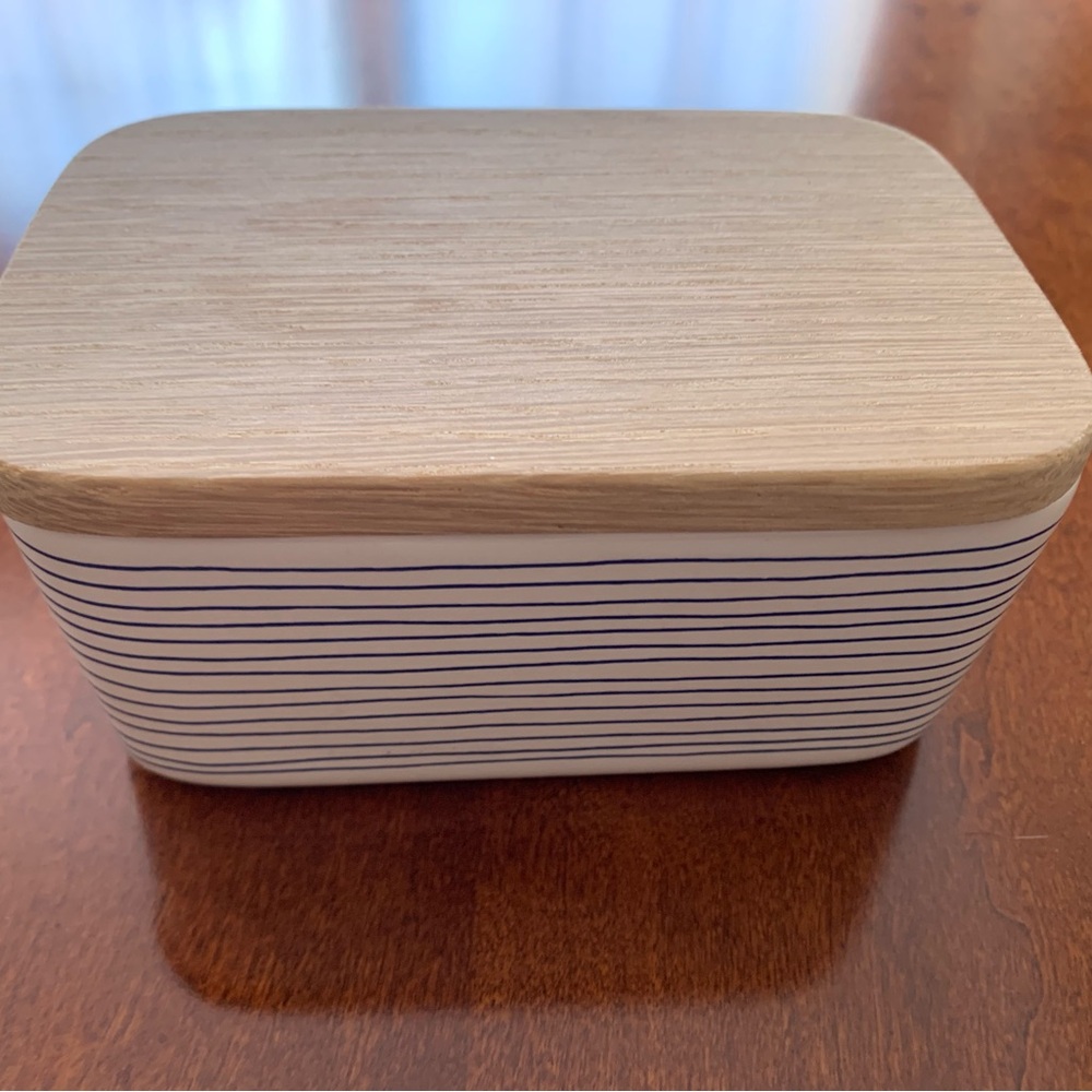 Striped White and Tan Storage Box